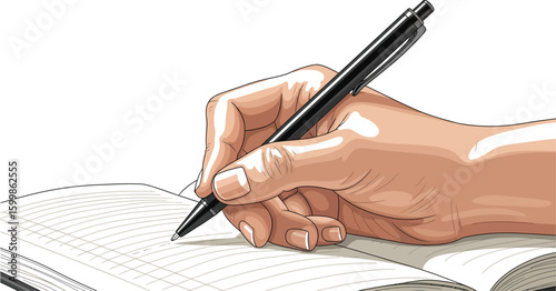 Illustration depicts a hand holding a black pen poised to write in an open notebook, suggesting creativity, note-taking, or journaling with a clean, minimalist style.