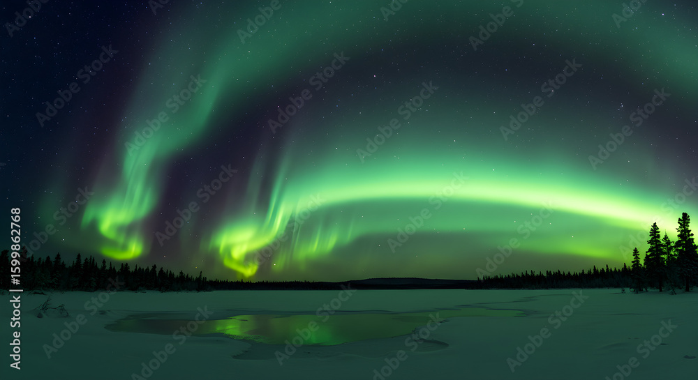 Naklejka premium Vibrant Aurora Borealis Dancing Over Frozen Landscape