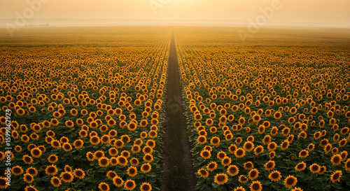 Vast Sunflower Field Under Golden Hour Sky