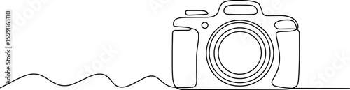 Black line art drawing of a camera with a wavy line white
