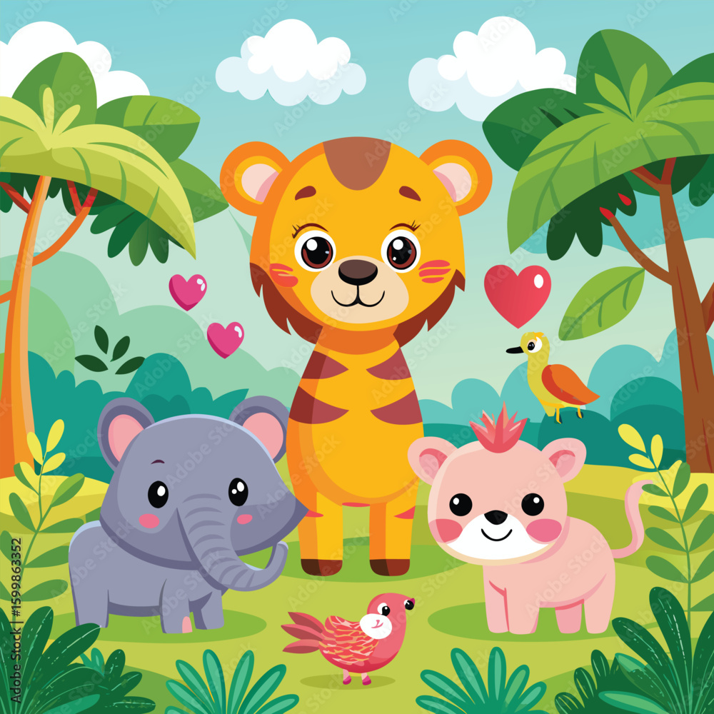 Naklejka premium Cute baby wild animals vector collection: funny cartoon safari pets like a tiger, fox, bear, panda, rabbit, cow, pig, cat, and dog head icon set illustration in the jungle