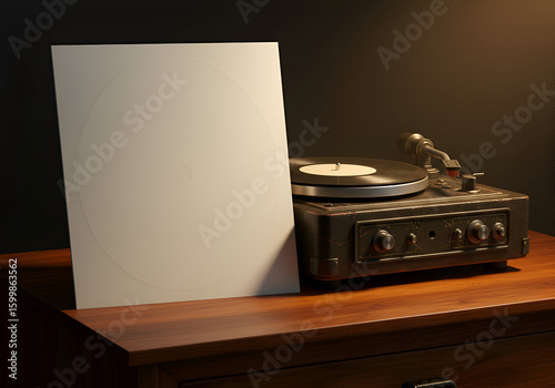 A blank vinyl record mockup sits next to a vintage record player on a wooden surface. Empty space for branding on the record and vintage aesthetic with dark background.