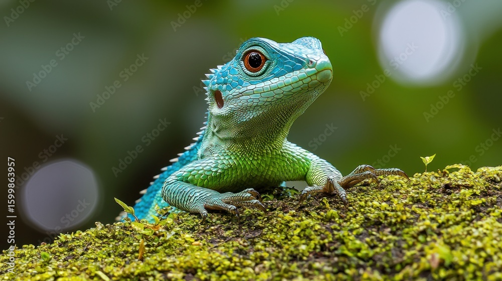 Fototapeta premium Vibrant blue and green lizard, perched on mossy log, detailed close-up