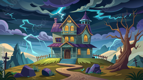 Cartoonish haunted house with creaky porch and broken windows, set on a hill under lightning and dark clouds
