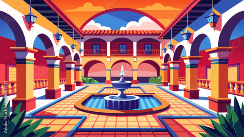 Flat vector graphic of a Spanish colonial courtyard in Mexico City, with arched walkways, red tiles, and a central fountain