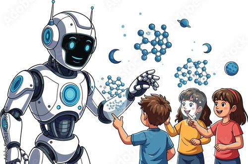 A friendly robot interacts with children, showcasing molecular structures and celestial bodies in a cartoon style, perfect for educational materials and illustrating future technology.