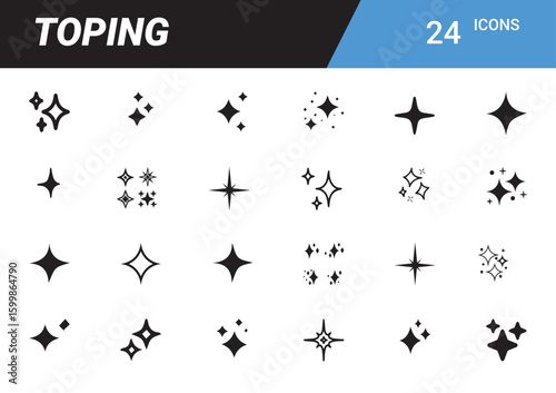 Sparkle Icon Set: A meticulously crafted set of diverse sparkle icons, each with unique shape and character, offering a spectrum of brilliance for graphic design and visual enhancement.