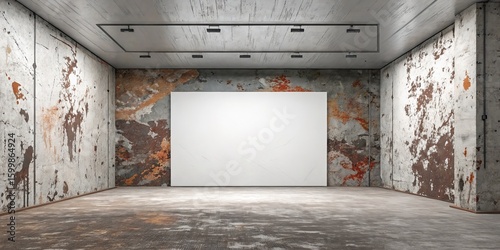 Rustic Gallery White Canvas in Industrial Space, Concrete Walls, Lighting, Mockup, 3D Render, Art, Interior Design Art