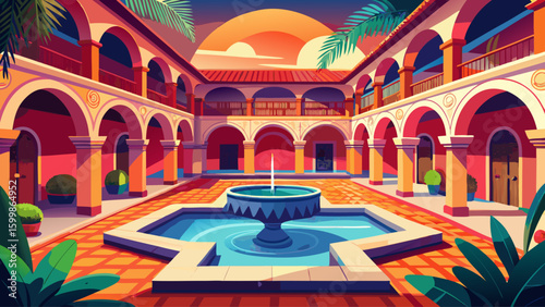 Flat vector graphic of a Spanish colonial courtyard in Mexico City, with arched walkways, red tiles, and a central fountain