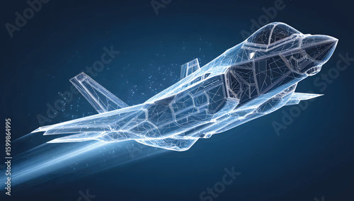 F-35 jet flying at high speed, blue background, vector graphics, wireframe drawing