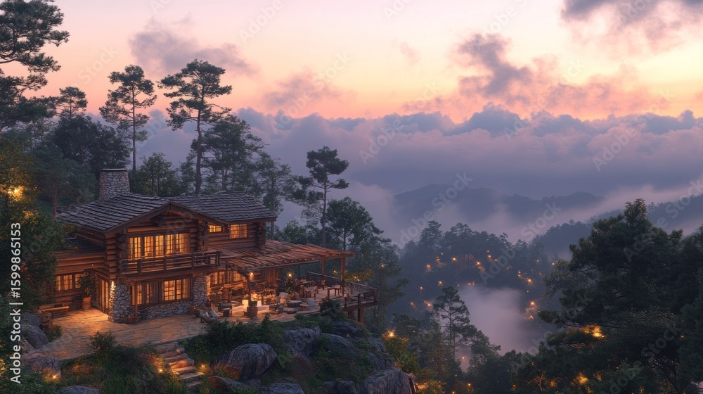 Fototapeta premium Mountaintop log cabin at sunset