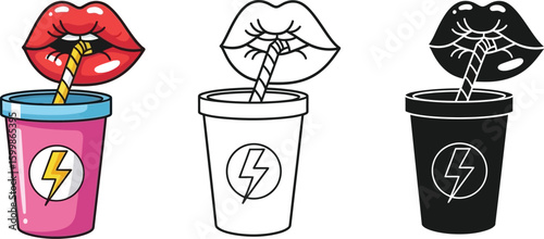 Vector illustration of lips drinking from a cup with straw drink design for graphic and web design vector