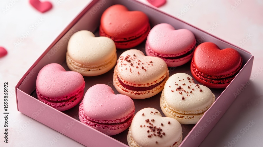 Fototapeta premium Macarons in heart shape in gift box isolated on pink background,events,aniversary festival gift set,french macaron cookies,trendy 2025,couple valentine Romantic love or pastry shop.