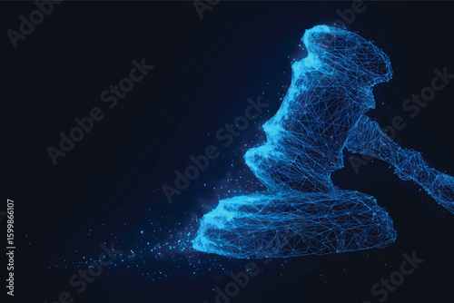 Gavel made of glowing dots and lines on a dark blue background