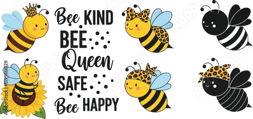 Cute bee vector illustration set with queen bee sunflower and bee kind bee happy text for print design vector