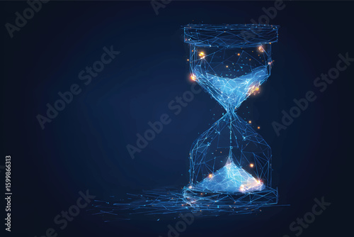 Glowing low-poly hourglass on a dark blue background