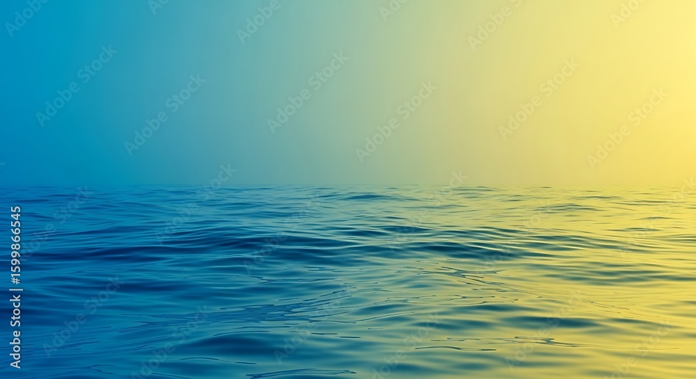 Fototapeta premium Calm ocean water with gentle waves under a gradient sky transitioning from blue to yellow, creating a serene and peaceful seascape.
