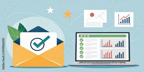 Successful Email Marketing Strategy Laptop, Envelope, Charts, Checkmark Illustration, email analytics, marketing automation email marketing, data analysis