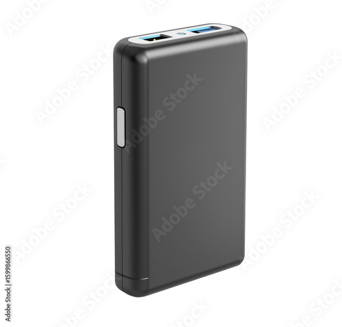 Modern black portable power bank isolated on transparent background with illuminated ports