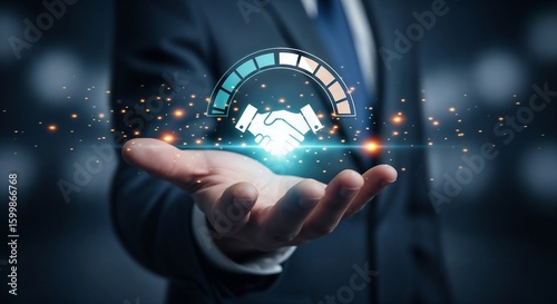 
Trusted partner. Trustworthy collaboration, company or contract. Confidence to work together. Businessman turning knob to highest trust levels. Build trust in business and finance relationships.