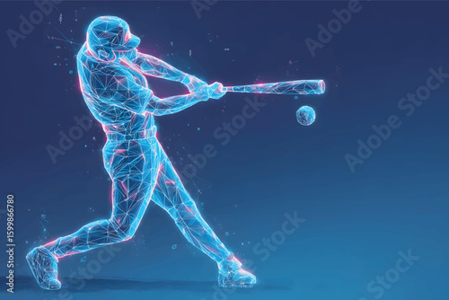 Glowing polygonal baseball player hitting the ball with his bat, blue background
