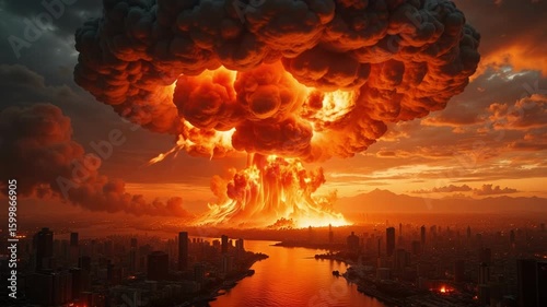 Apocalyptic Mushroom Cloud Over Burning City with Fiery Reflections – 4K Cinematic Footage