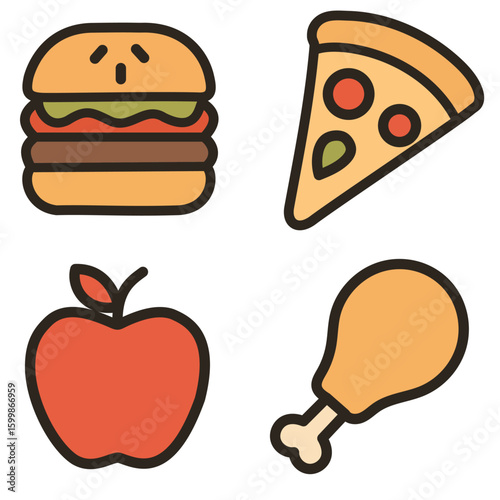 Flat Food Vector Set | Burger, Pizza, Apple and Chicken Drumstick Vector Illustration