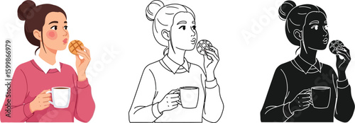 Woman eating bread and drinking coffee vector illustration breakfast snack time design elements set of three vector