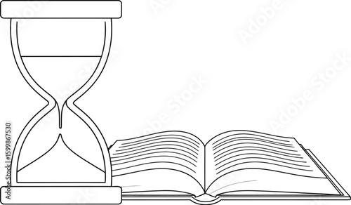 An hourglass with flowing sand stands next to an open book, symbolizing the passage of time and the importance of reading and learning, presented in a minimalist design.