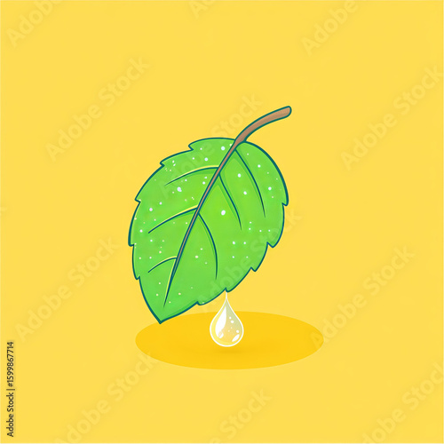 Green leaf, dewdrop, water, nature, freshness, isolated on yellow background, simple style