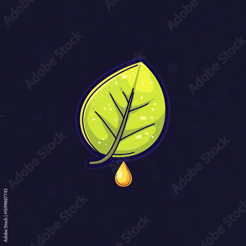 Green leaf, dewdrop, nature, freshness, cartoon, dark background, simple style