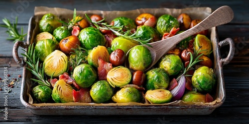 Brussels sprouts roasted with bacon chestnuts onions and rosemary