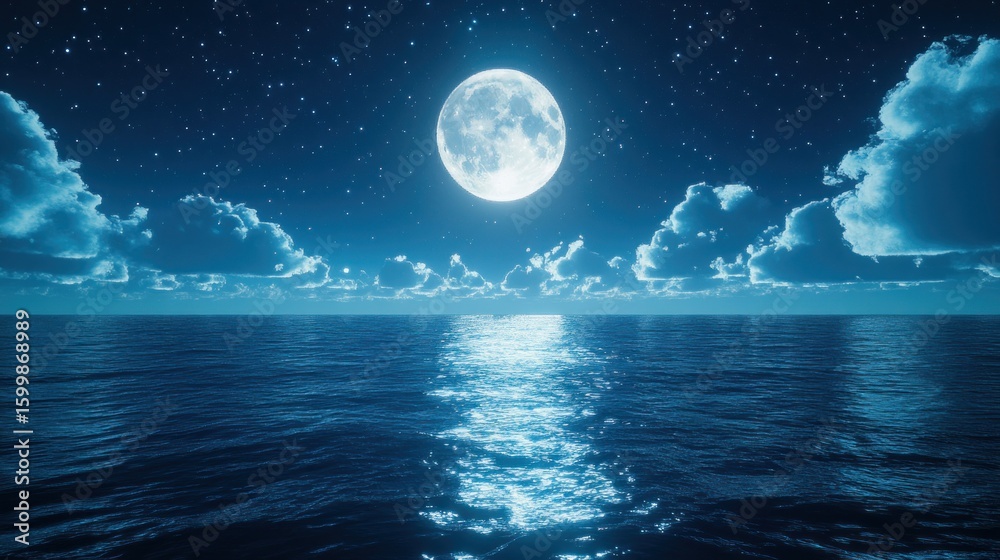 Fototapeta premium Night sky, full moon over tranquil ocean