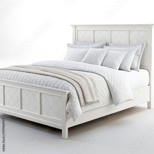 White Panel Bed with Quilted Bedding 3D Render, Bedroom Decor, White and Grey Palette Bedroom Design, 3D Model
