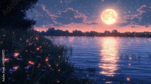 Nighttime lake, fireflies, moonlit