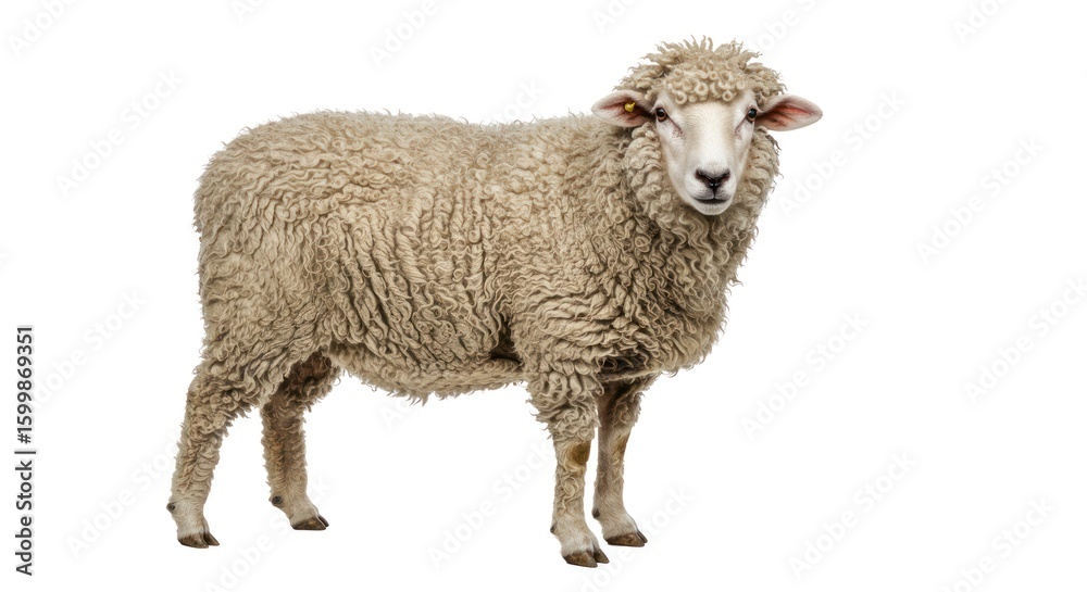 Fototapeta premium Sheep with Curly Wool Standing in Isolated White Background