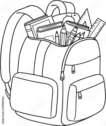 Backpack full of school supplies outline