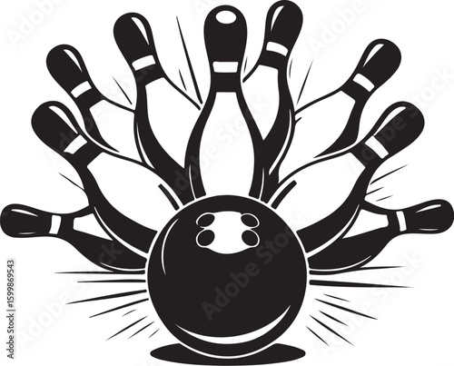 Vintage Bowling Ball Hitting Pins – Sports Silhouette vector.
