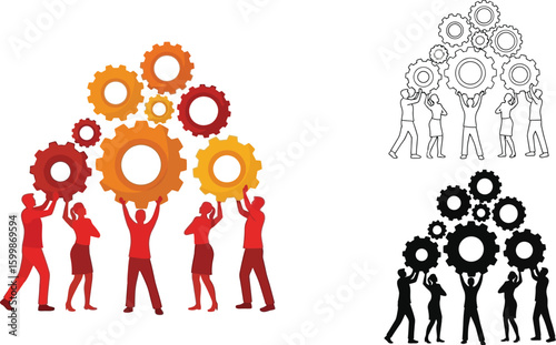 Teamwork collaboration concept vector illustration with gears and people for success and innovation vector