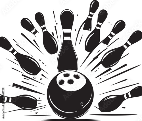 Vintage Bowling Ball Hitting Pins – Sports Silhouette vector.