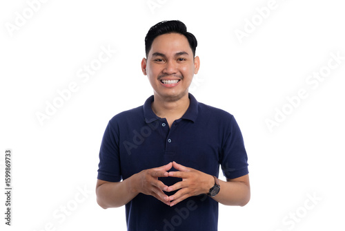 Tableau sur toile Smiling Asian man showing steeple hands gesture with confident and friendly expr