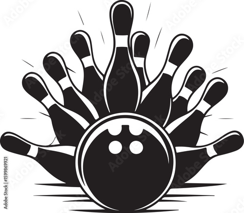 Vintage Bowling Ball Hitting Pins – Sports Silhouette vector.