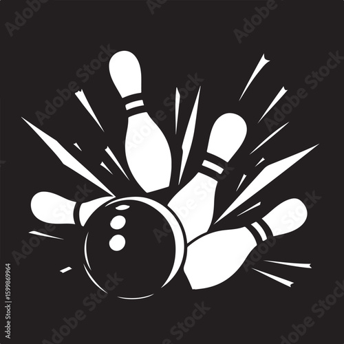 Vintage Bowling Ball Hitting Pins – Sports Silhouette vector.
