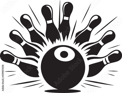 Vintage Bowling Ball Hitting Pins – Sports Silhouette vector.