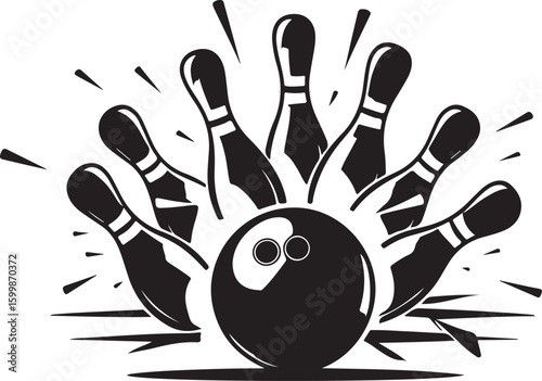 Vintage Bowling Ball Hitting Pins – Sports Silhouette vector.