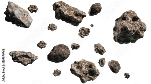 Scattered Asteroids in Space Representing Celestial Rocks with Irregular Shapes and Textures