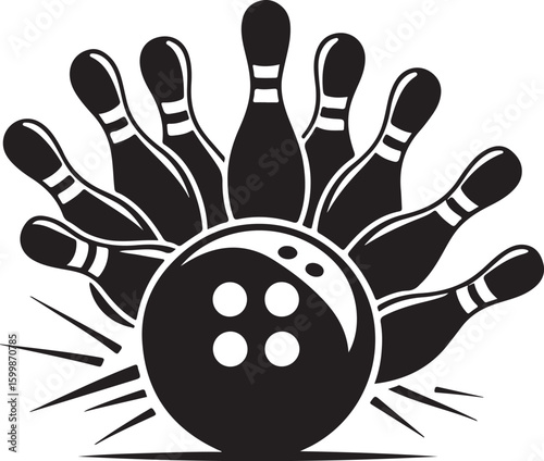 Vintage Bowling Ball Hitting Pins – Sports Silhouette vector.