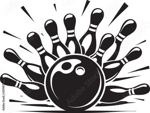 Vintage Bowling Ball Hitting Pins – Sports Silhouette vector.