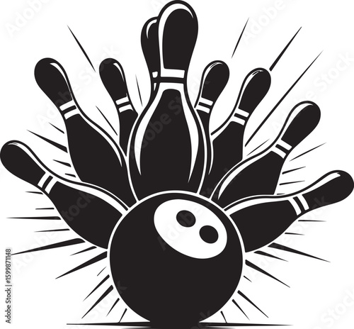 Vintage Bowling Ball Hitting Pins – Sports Silhouette vector.