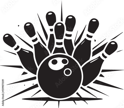 Vintage Bowling Ball Hitting Pins – Sports Silhouette vector.